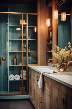 Spacious bathroom layout featuring dual sinks with vintage fixtures