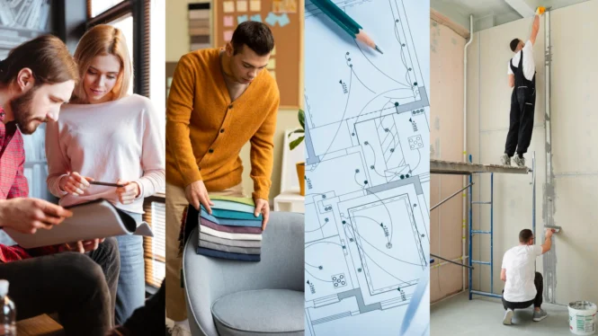 Industry leaders converge: Gaining unparalleled insights from the experts who shape the future of bathroom design. A collage featuring an interior designer holding swatches and discussing designs with a couple, a close-up of various tile samples with descriptive tags, a blueprint of a bathroom layout, and an expert installing a modern shower system, showcasing the integration of design and functionality.